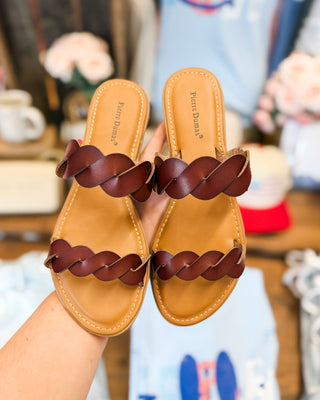 Brown braided flat slide on sandals