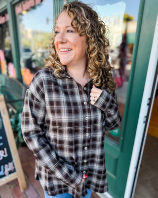 a long sleeve button down plaid layering  shirt in a chocolate brown plaid