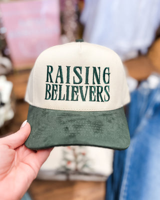 Raising Believers Suede Two Tone Canvas Trucker Hat in olive