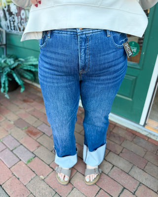 risen denim 4 way stretch high rise ankle straight jeans with trendy wide cuffed hem