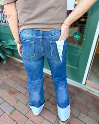 risen denim 4 way stretch high rise ankle straight jeans with trendy wide cuffed hem