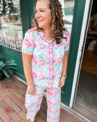 water color roses on a top and bottom pajama set with button up front