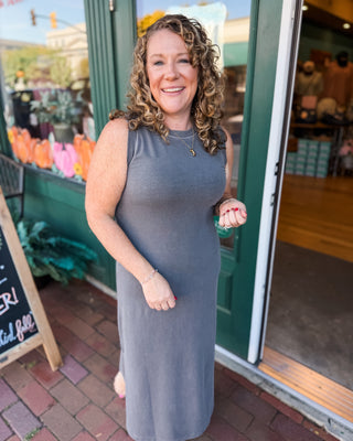 a sleeveless midi tshirt style dress with side slit
