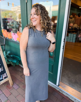 a sleeveless midi tshirt style dress with side slit