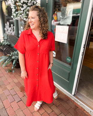 casual red button down midi style dress
