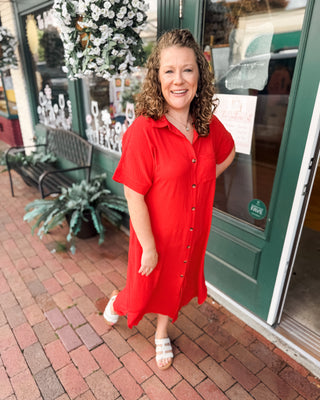 a casual red button down midi dress