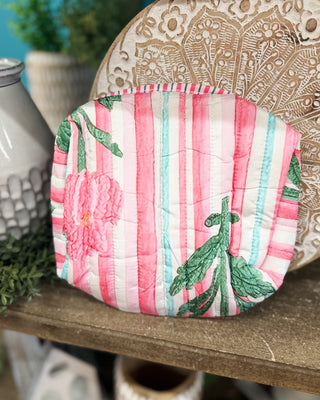 a pink stripe floral zip up cosmetic bag