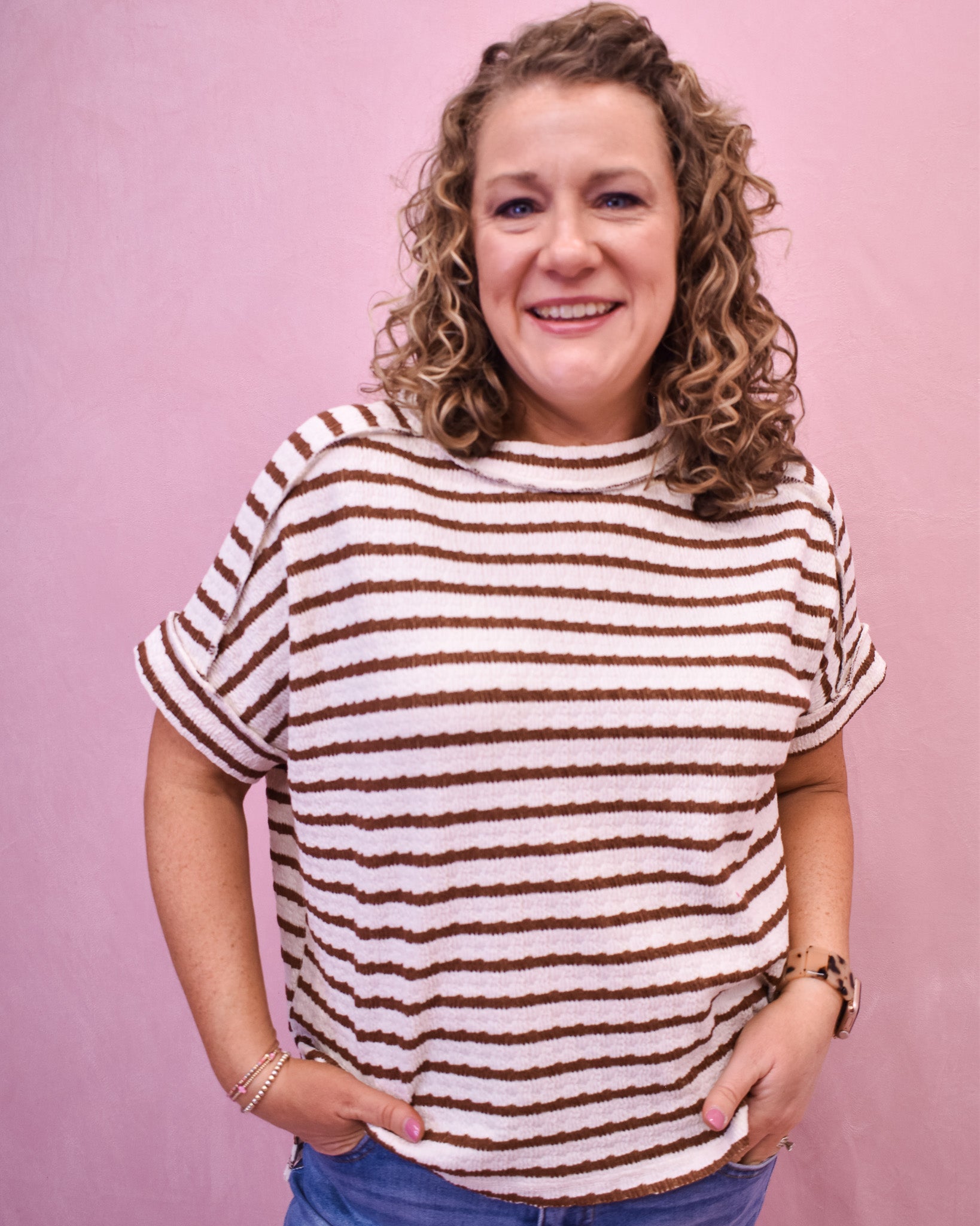 Short Sleeve Striped hi low hem style top