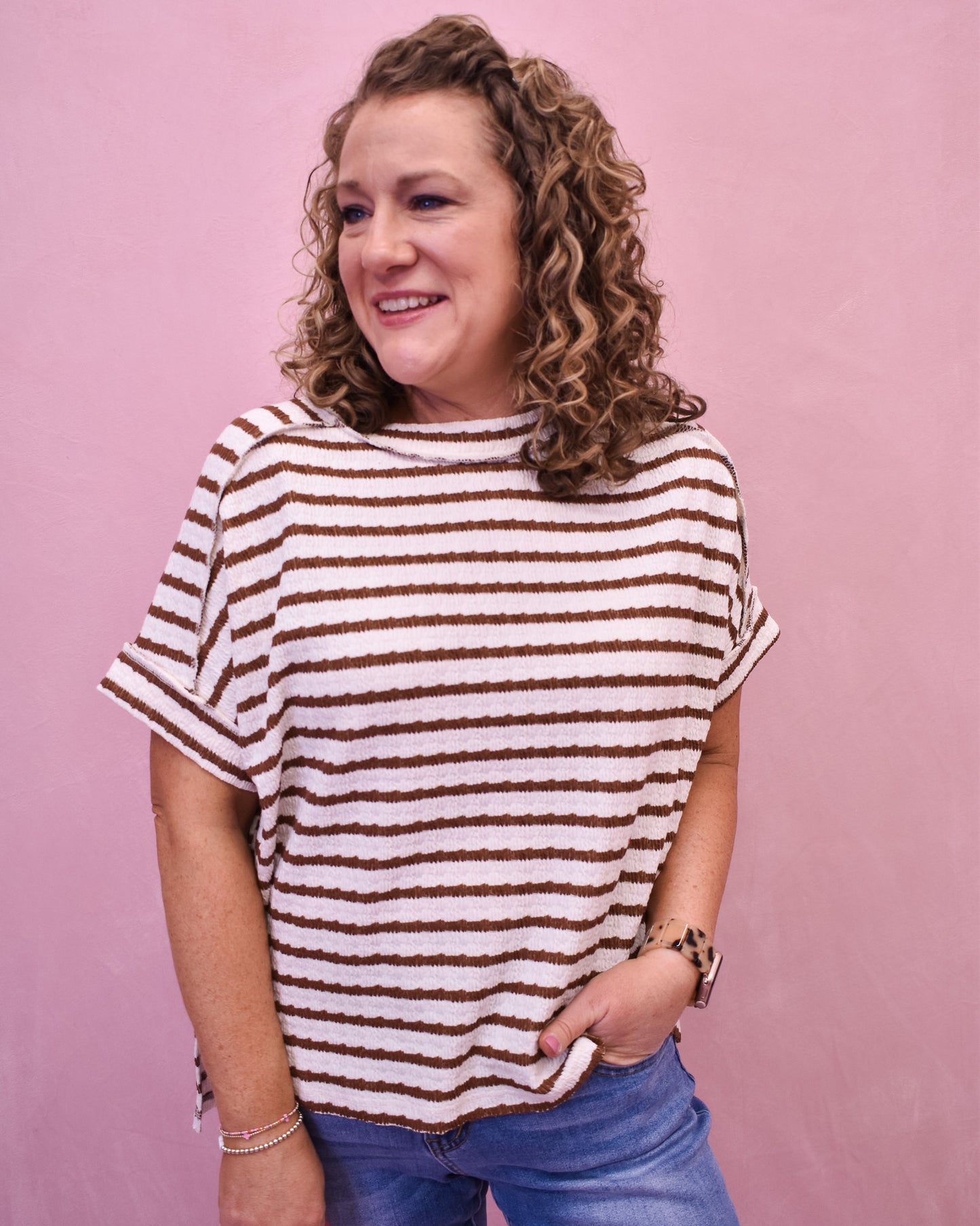 short sleeve striped hi low hem style top