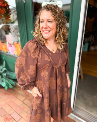 Textured in Blooms Floral V-Neck Babydoll Mini Dress in chocolate brown