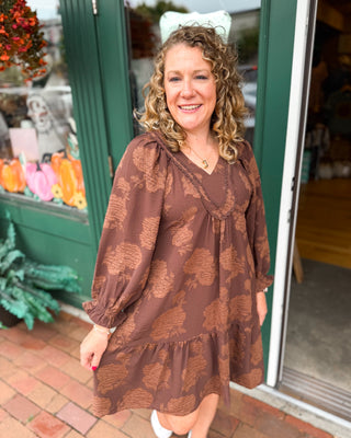 Textured in Blooms Floral V-Neck Babydoll Mini Dress in chocolate brown