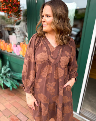 Textured in Blooms Floral V-Neck Babydoll Mini Dress in chocolate brown
