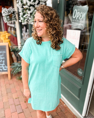a short sleeve mineral washed pocket tshirt dress in mint