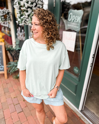 a basic short sleeve raw edge top in mint