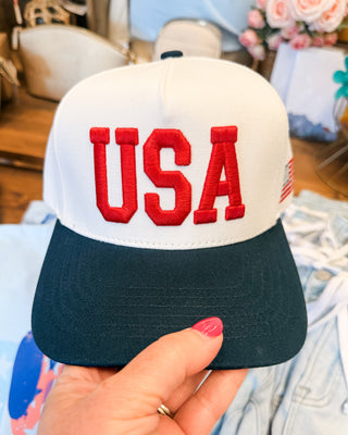embroidered usa hat with embroidered flag and navy bill two tone