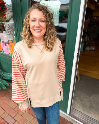 Weekend Well Spent French Terry Raw Trim Striped Pullover in beige 