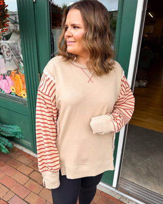 Weekend Well Spent French Terry Raw Trim Striped Pullover in beige