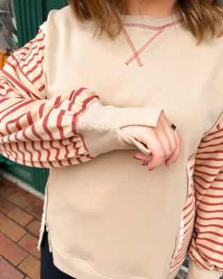 Weekend Well Spent French Terry Raw Trim Striped Pullover in beige
