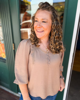 A Little Lovely Crochet Trim V-Neck 3/4 Sleeve Henley Top - The Southern Loft
