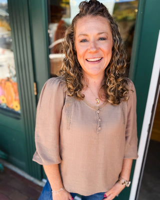 A Little Lovely Crochet Trim V-Neck 3/4 Sleeve Henley Top - The Southern Loft