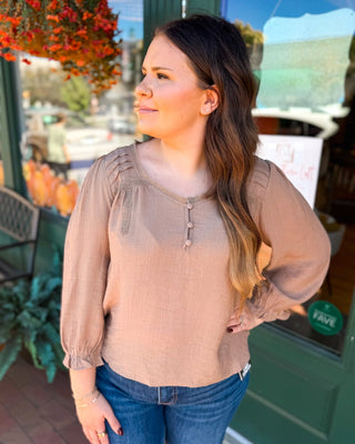 A Little Lovely Crochet Trim V-Neck 3/4 Sleeve Henley Top - The Southern Loft