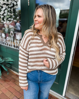 Autumn Air Striped Open Knit Pullover Sweater - The Southern Loft