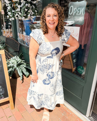 Bistro Charm Toile Flutter Sleeve Midi Dress - The Southern Loft