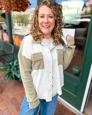 Cider Weather Waffle Colorblock Button Front Shacket - The Southern Loft