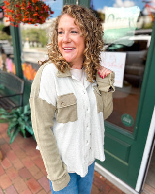 Cider Weather Waffle Colorblock Button Front Shacket - The Southern Loft