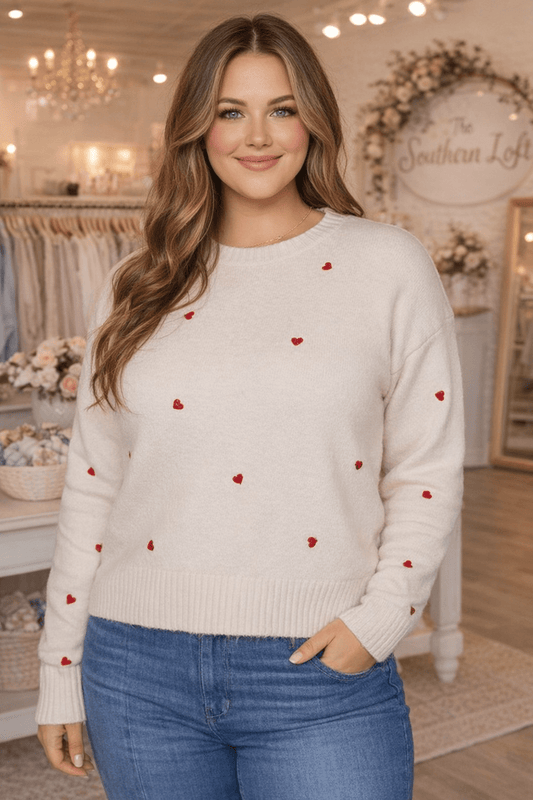 Curvy - Make It Hearts Embroidery Sweater - The Southern Loft