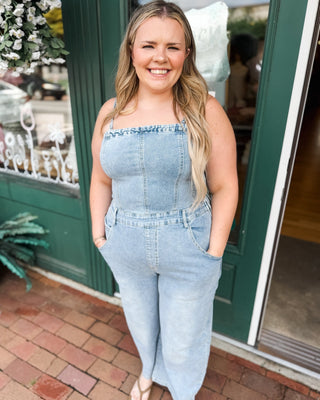 Easy Going Washed Denim Barrel Leg Jumpsuit - The Southern Loft