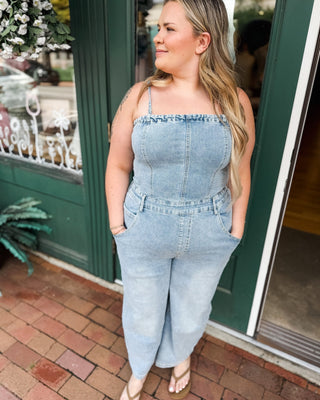 Easy Going Washed Denim Barrel Leg Jumpsuit - The Southern Loft