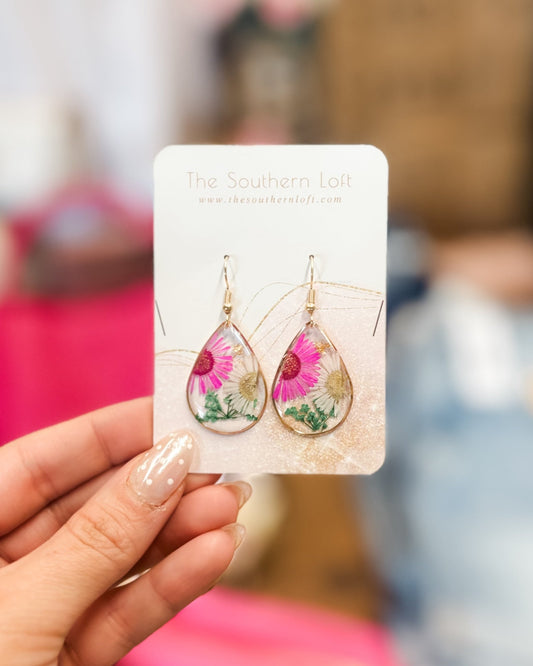 Flowers & Glitter Resin Teardrop Earrings - The Southern Loft