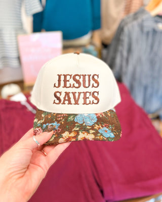 Jesus Saves Floral Tapestry Embroidered Canvas Hat - The Southern Loft