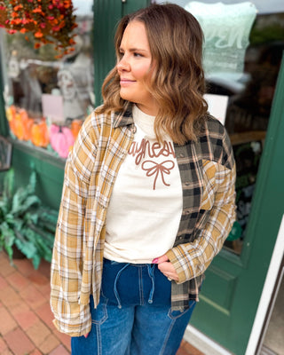 Perfectly Undone Mixed Print Plaid Distressed Top - The Southern Loft