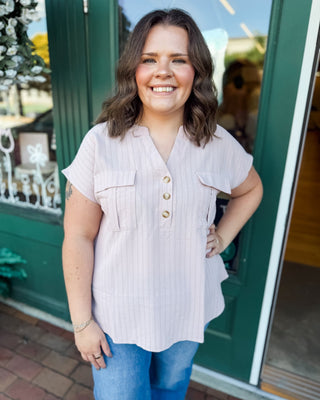 Polished in Pinstripes Half Button Short Sleeve Top - The Southern Loft