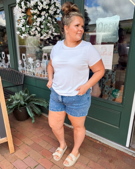 Risen Curvy Slouchy Embroidered Dot Denim Shorts - The Southern Loft