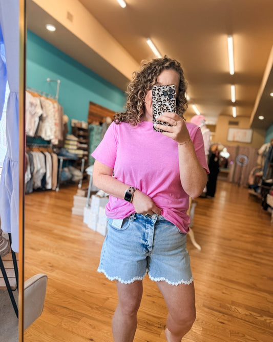 Risen Mid Rise Floral Lace Hem Denim Shorts - The Southern Loft