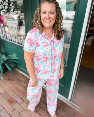 Rose Garden Notched Collared Pajama Set - The Southern Loft