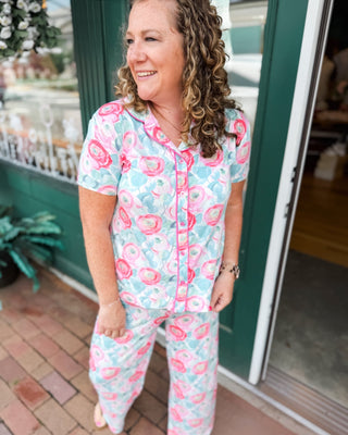 Rose Garden Notched Collared Pajama Set - The Southern Loft