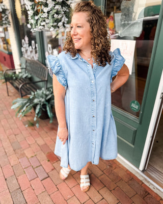 a line denim dress Ruffle Sleeve Denim Dress | A-Line Button-Down