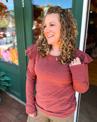 Slow It Down Striped Ruffle Shoulder Long Sleeve Top - The Southern Loft