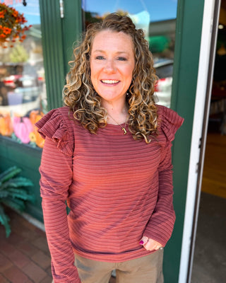 Slow It Down Striped Ruffle Shoulder Long Sleeve Top - The Southern Loft