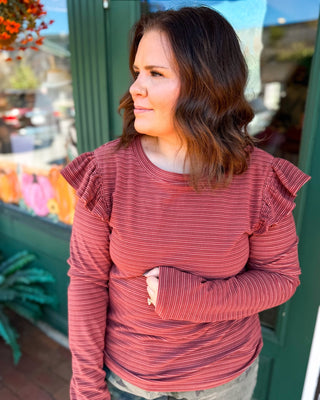Slow It Down Striped Ruffle Shoulder Long Sleeve Top - The Southern Loft
