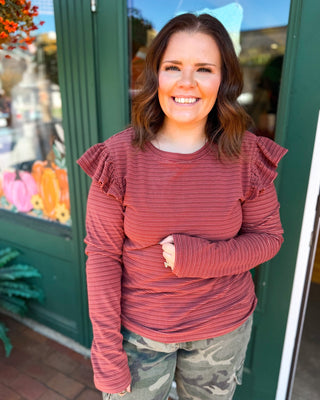 Slow It Down Striped Ruffle Shoulder Long Sleeve Top - The Southern Loft