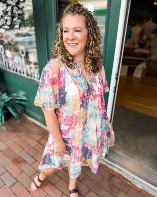 Watercolor Bloom Drop Hem Babydoll Dress - The Southern Loft