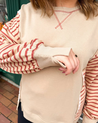 Weekend Well Spent French Terry Raw Trim Striped Pullover - The Southern Loft