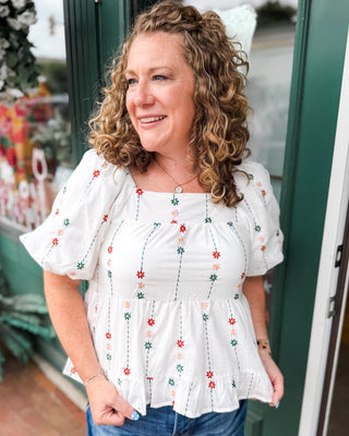 Wildflower Floral Embroidered Puff Sleeve Top - The Southern Loft
