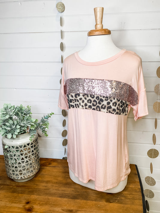 Animal Sequin Color Block Top