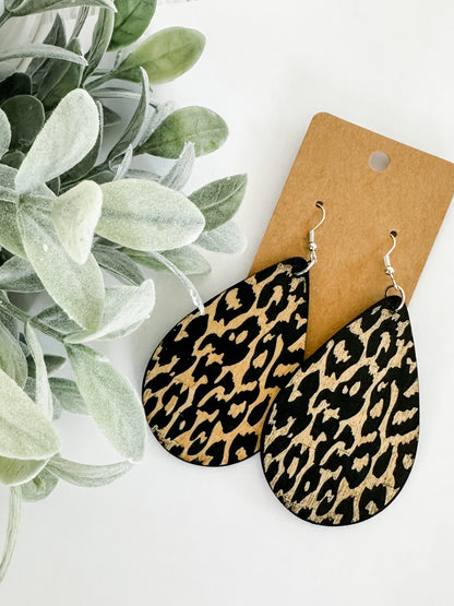 Wooden Leopard Tear Drop Earrings